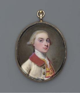 Nathaniel Hone, R.A. - A young gentleman, facing right in white coat with red velvet coat and gold buttons, gold-embroidered red waistcoat, lace cravat, powdered hair en queue