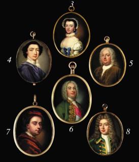 Nathaniel Hone, R.A. - A young lady, facing left in lace-bordered white silk dress with three blue bows on the bodice, double lace ruff choker tied with blue ribbon, drop pearl earring, white and blue cap in her dark hair