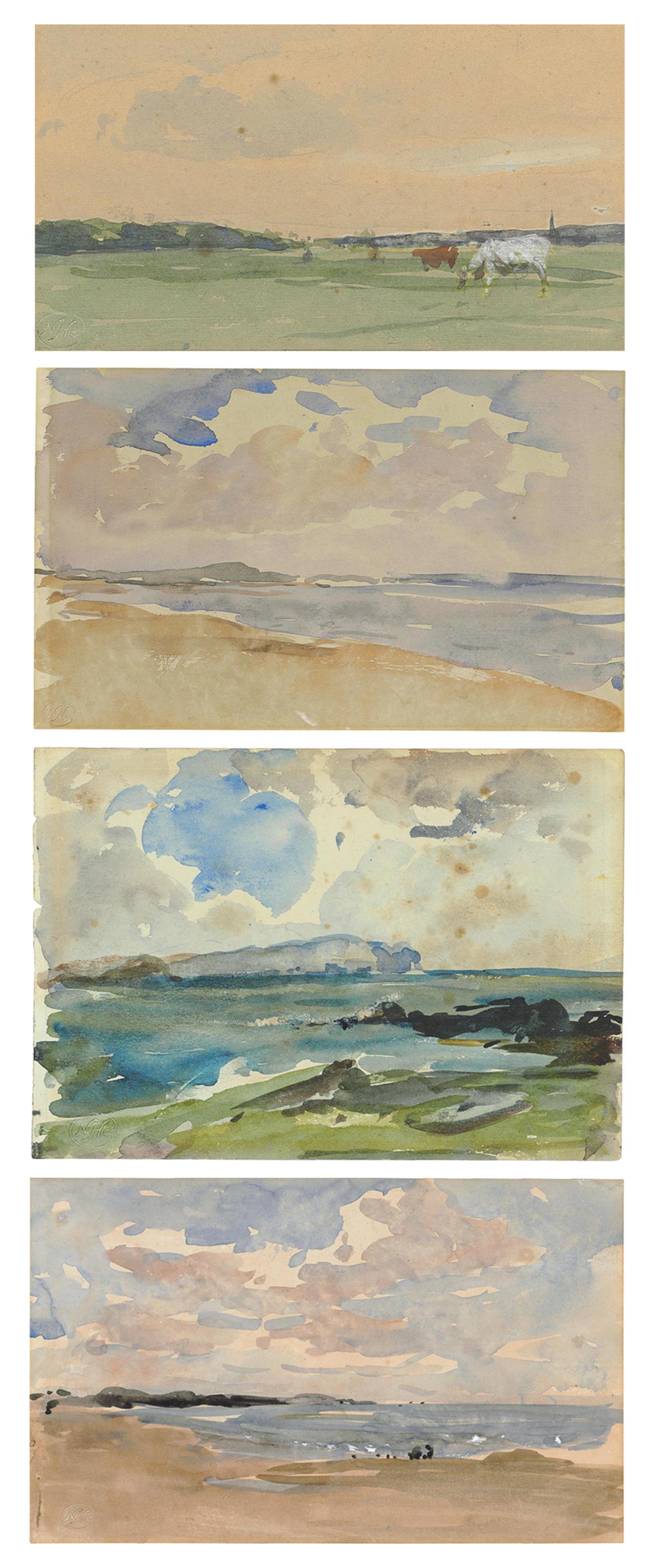 Nathaniel Hone, R.A. - Four landscape views: Landscape with grazing cattle; A seashore with clouds (recto) and Study of cows (verso); A seashore with clouds; and Study of sea and cliffs (recto); Study of a cow (verso)