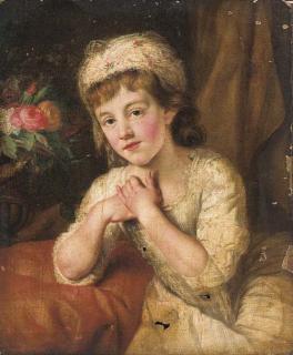 Nathaniel Hone, R.A. - Portrait of a girl, seated half-length, in a white dress and white headdress decorated with flowers, roses in an urn beyond