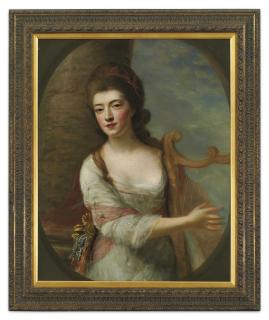 Nathaniel Hone, R.A. - Portrait of a lady, three-quarter-length, in a white dress, playing a harp, standing by a column in a landscape