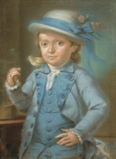 Nathaniel Hone, R.A. - Portrait of a young boy, three-quarter-length, in a blue suit and white hat with blue ribbon, a finch perched on his right shoulder, in an interior