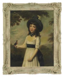 Nathaniel Hone, R.A. - Portrait of Miss Gardner, three-quarter-length, in a white dress with a blue sash and a hat, a bird on a string perched on her right hand, a bird cage to her side, in a landscape