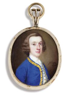 Nathaniel Hone - A young gentleman, in gold-bordered blue coat, white waistcoat and shirt, powdered wig en queue