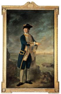 Nathaniel Hone - Portrait of Captain the Hon. Robert Boyle Walsingham, M.P. (1736-1780), full-length, in naval uniform, with a view of Louisbourg, Canada, beyond