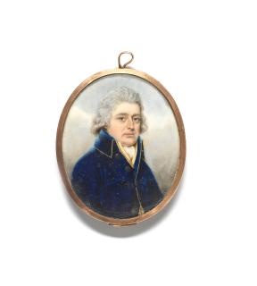 Nathaniel Plimer - A portrait miniature of a gentleman, wearing a blue coat with yellow piping over his yellow waistcoat and white chemise