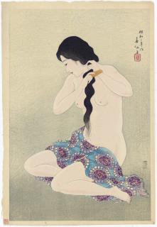 Natori Shunsen - Nude combing her hair, 1928  Ichikawa Kigan V (1887-1978) as Otomi, in the play Yowanasake ukina no yokogushi, 1927  Nakamura Ganjiro I (1860-1935) as Kamiya Jihei, in the play Kawasho, 1933.11