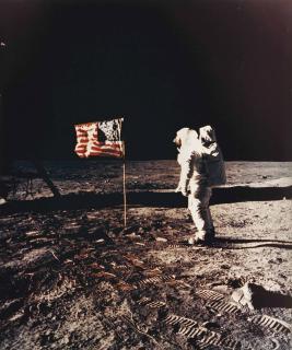 Neil Armstrong - Buzz Aldrin standing beside the U.S. flag, Apollo 11, July 1969