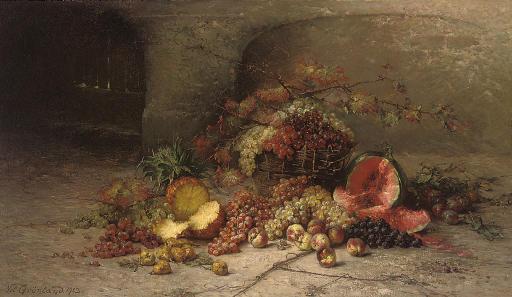 Nelius Grönland - A pineapple, a watermelon, a peach and grapes in a basket