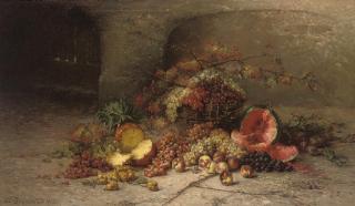 Nelius Grönland - A pineapple, a watermelon, a peach and grapes in a basket