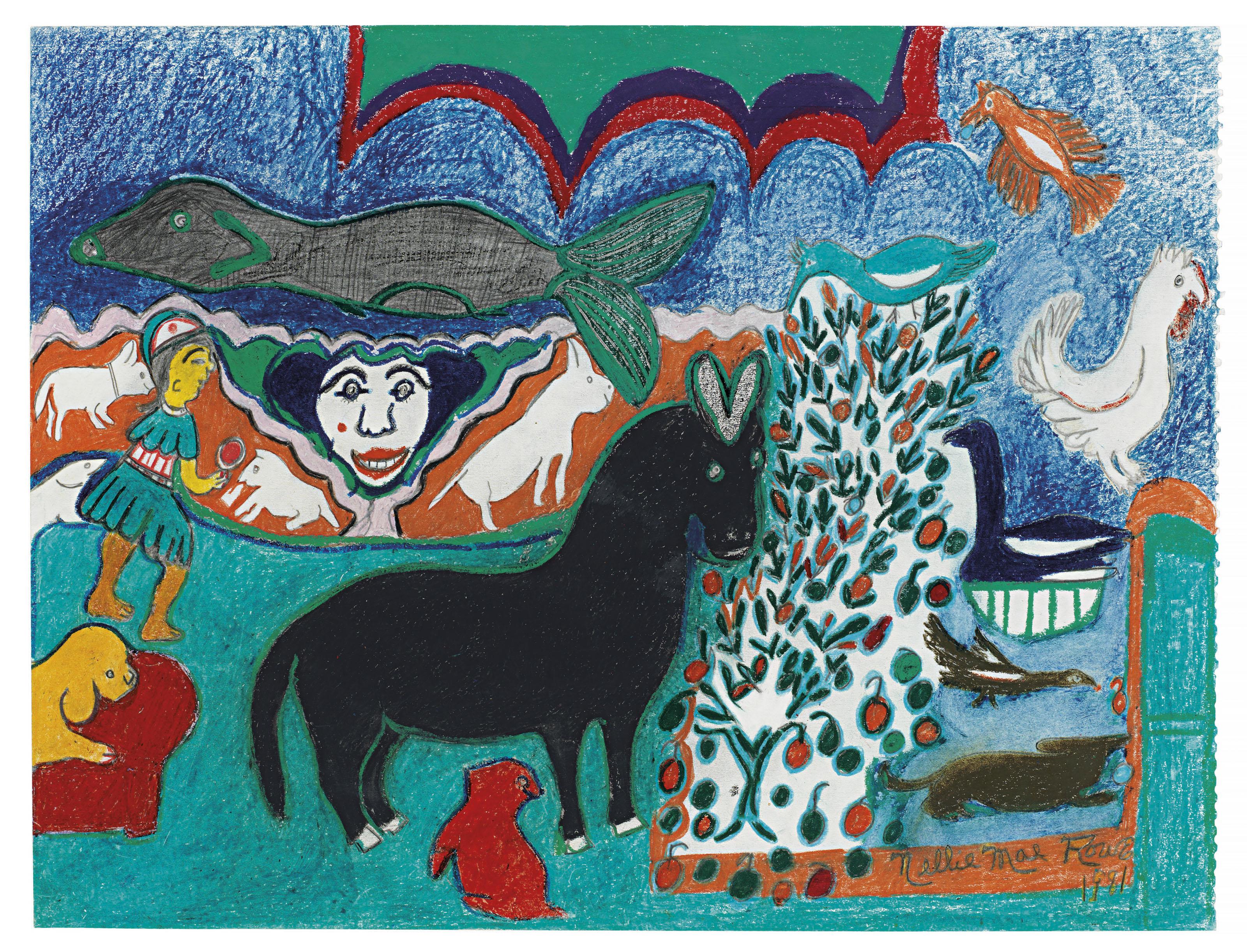 Nellie Mae Rowe - Untitled (Black Mule on Teal), 1981