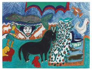 Nellie Mae Rowe - Untitled (Black Mule on Teal), 1981