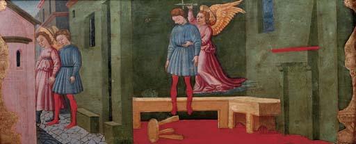 Neri di Bicci - The Archangel Raphael leading two Dominican friars in a coastal landscape