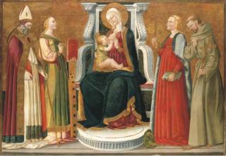Neri di Bicci - The Madonna and Child with a Bishop Saint, Saints Catherine of Alexandria, Margaret of Antioch and Francis of Assisi