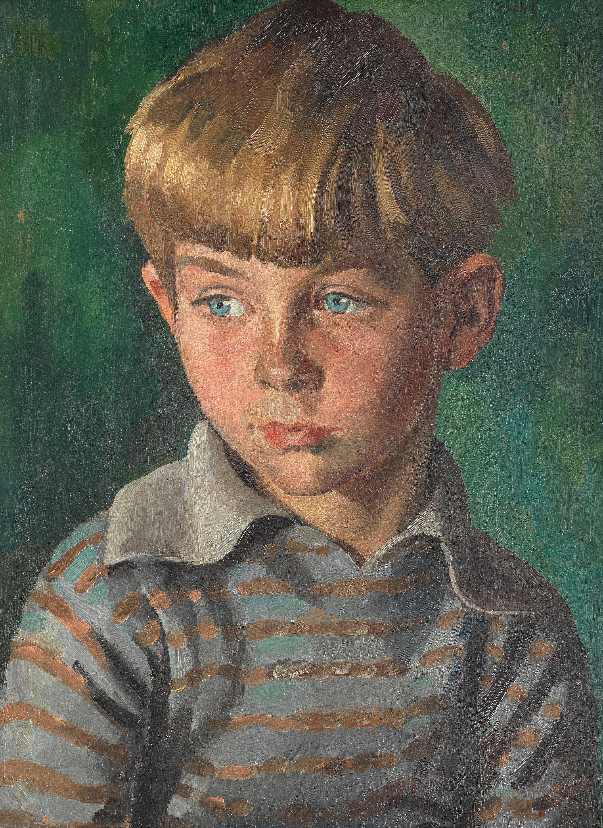 Neville Lewis - A pair of portraits: 1. Boy in a striped jumper 2. Girl wearing a pink shirt