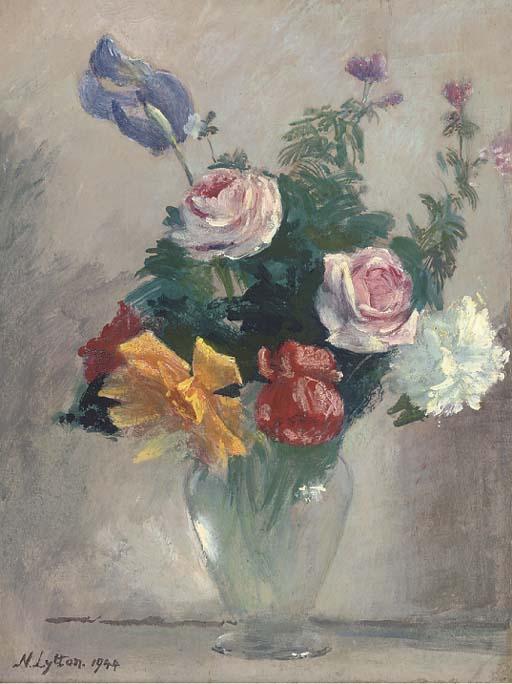 Neville Stephen, Third Earl of Lytton - Iris, carnation and roses in a glass vase