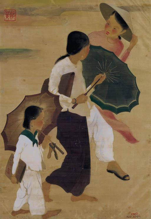 Nguyen Anh - La petite fille et les jeunes fills aux parapluies (the girls with umbrellas)