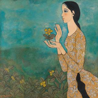 Nguyen Trung - Lady in Ao Dai with a Ngoc Anh Flower in Her Hands