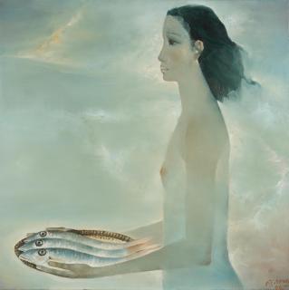 Nguyen Trung - Lady With Three Fish By Seashore