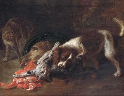 Nicasius Bernaerts - A Spaniel And A Cat Fighting, With Another Cat Looking On