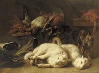 Nicasius Bernaerts - Game including a duck and a grouse on a wooden ledge with two tied up lambs, a hound and a cat nearby