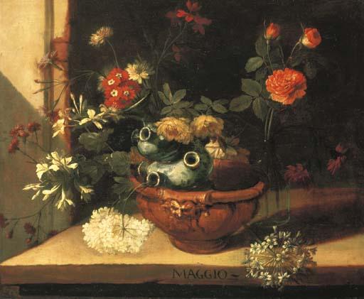 Niccolino van Houbraken - A ceramic vase with roses, hortensias and other flowers in a clay pot on a stone ledge (one of a series of months)