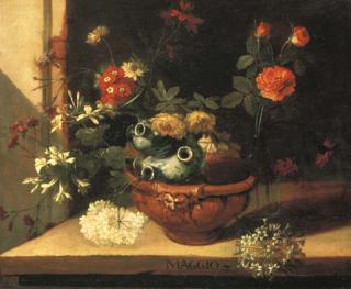Niccolino van Houbraken - A ceramic vase with roses, hortensias and other flowers in a clay pot on a stone ledge (one of a series of months)