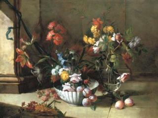 Niccolino van Houbraken - Roses, carnations and other flowers and plums in a porcelain bowl, by a ewer with roses on a stone floor