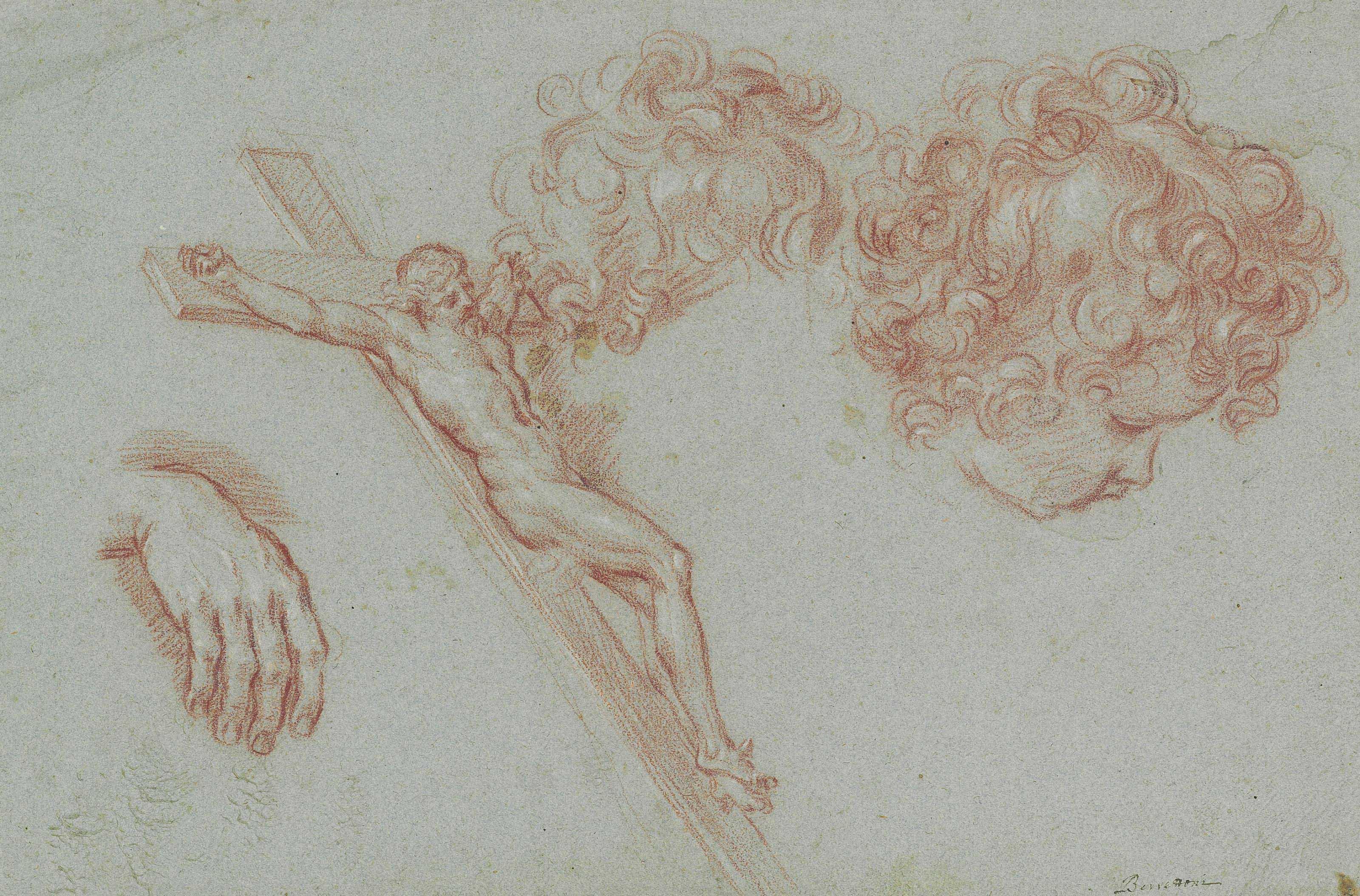 Niccolò Berrettoni - A sheet of studies; from left to right a hand, a crucifix, a child\'s hair, and the head of the same child