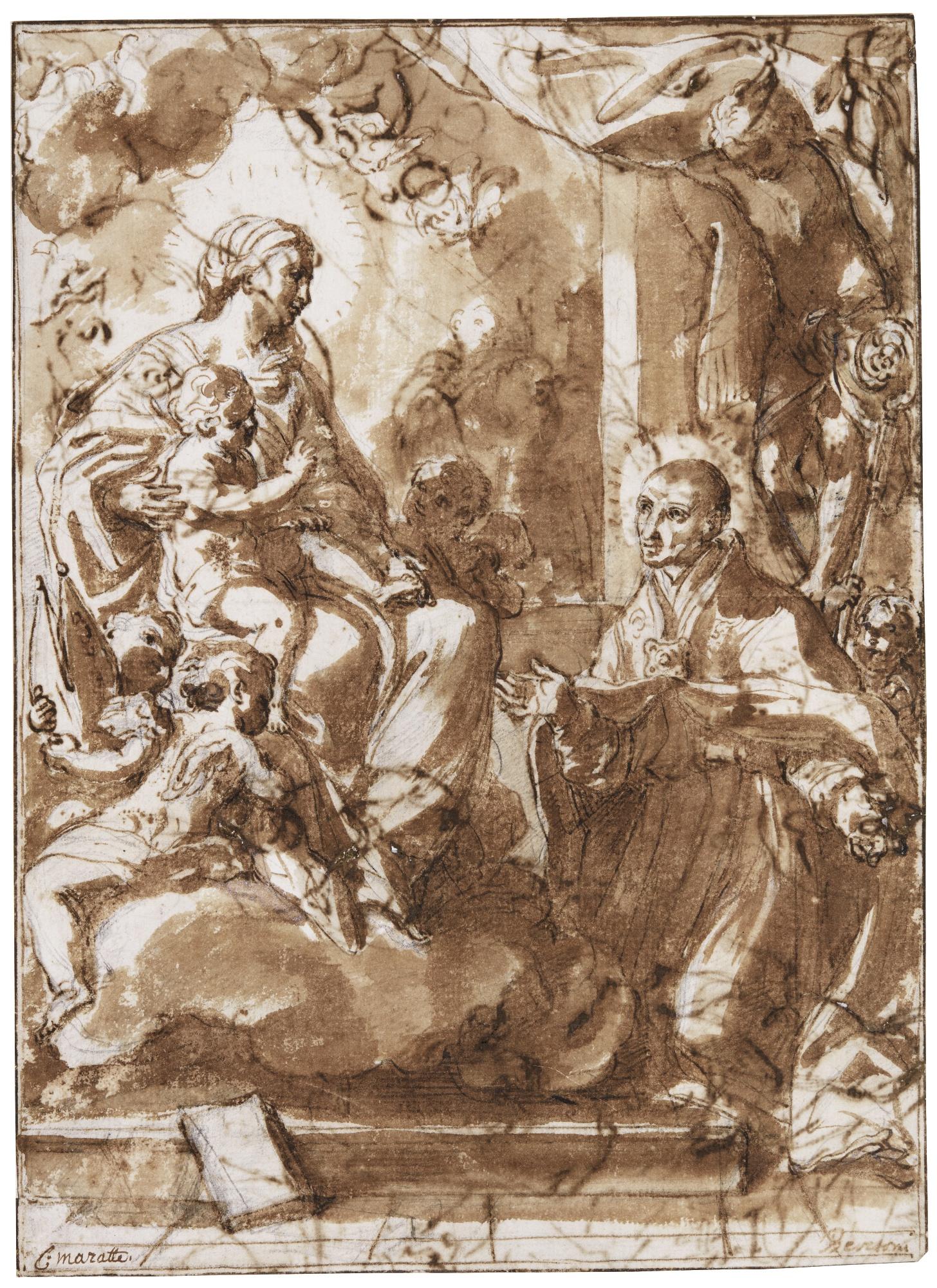 Niccolò Berrettoni - Recto: The Virgin And Child Appearing To A Bishop Saint, Possibly Carlo Borromeo Verso: Studies Of Heads And Reclining Male Figure