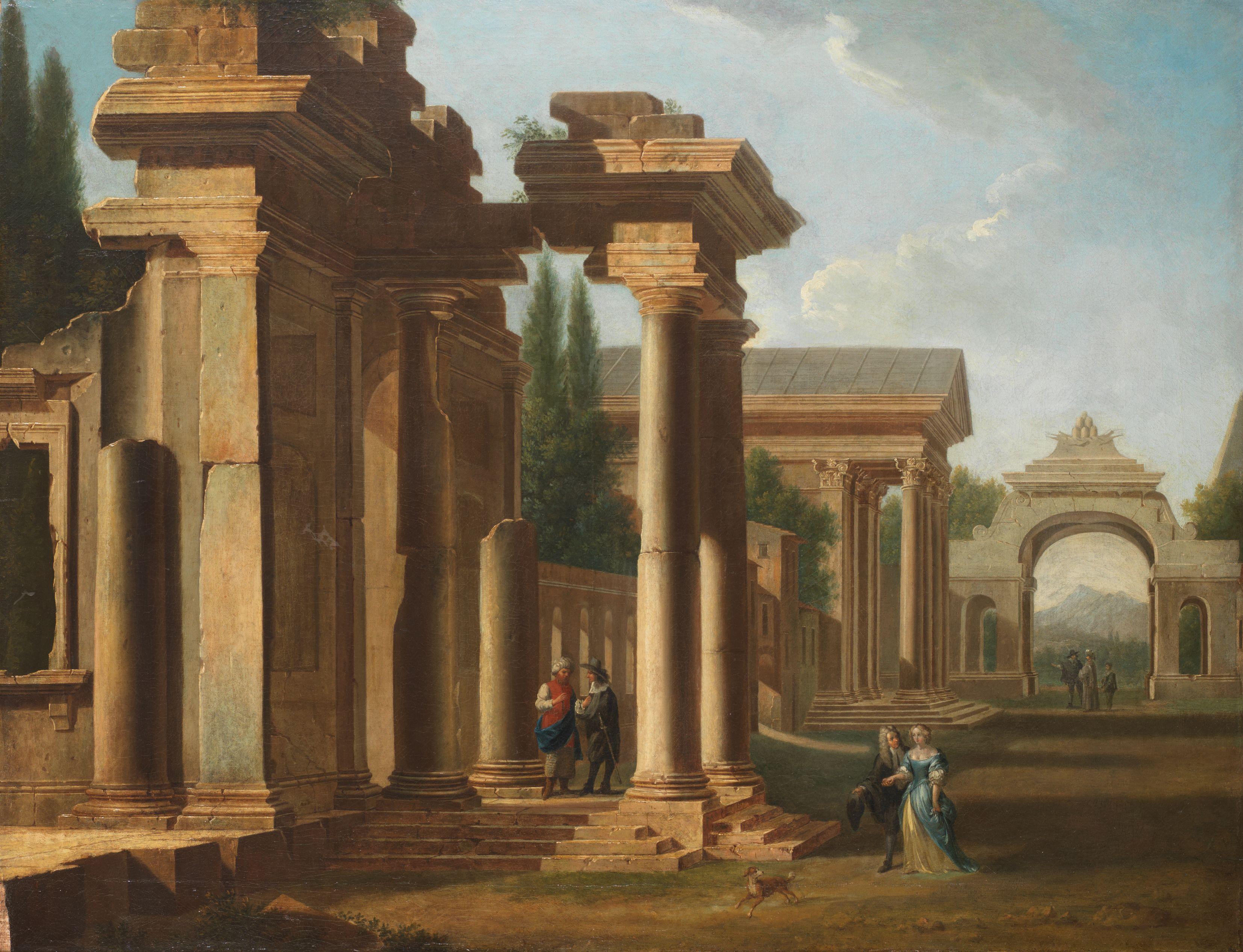Niccolò Codazzi - A capriccio of classical ruins with elegant figures promenading