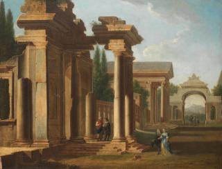 Niccolò Codazzi - A capriccio of classical ruins with elegant figures promenading