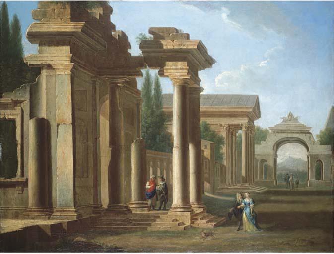 Niccolò Codazzi - A capriccio of classical ruins with elegant figures promenading