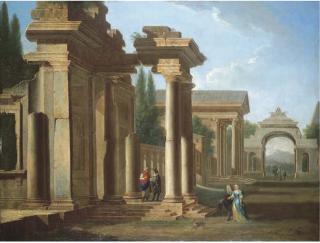 Niccolò Codazzi - A capriccio of classical ruins with elegant figures promenading