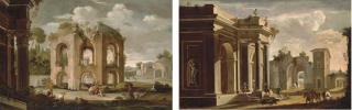 Niccolò Codazzi - A capriccio of classical ruins with herdsmen resting near the Temple of Minerva Medica; and A capriccio of a palace portico in the Doric order with huntsmen