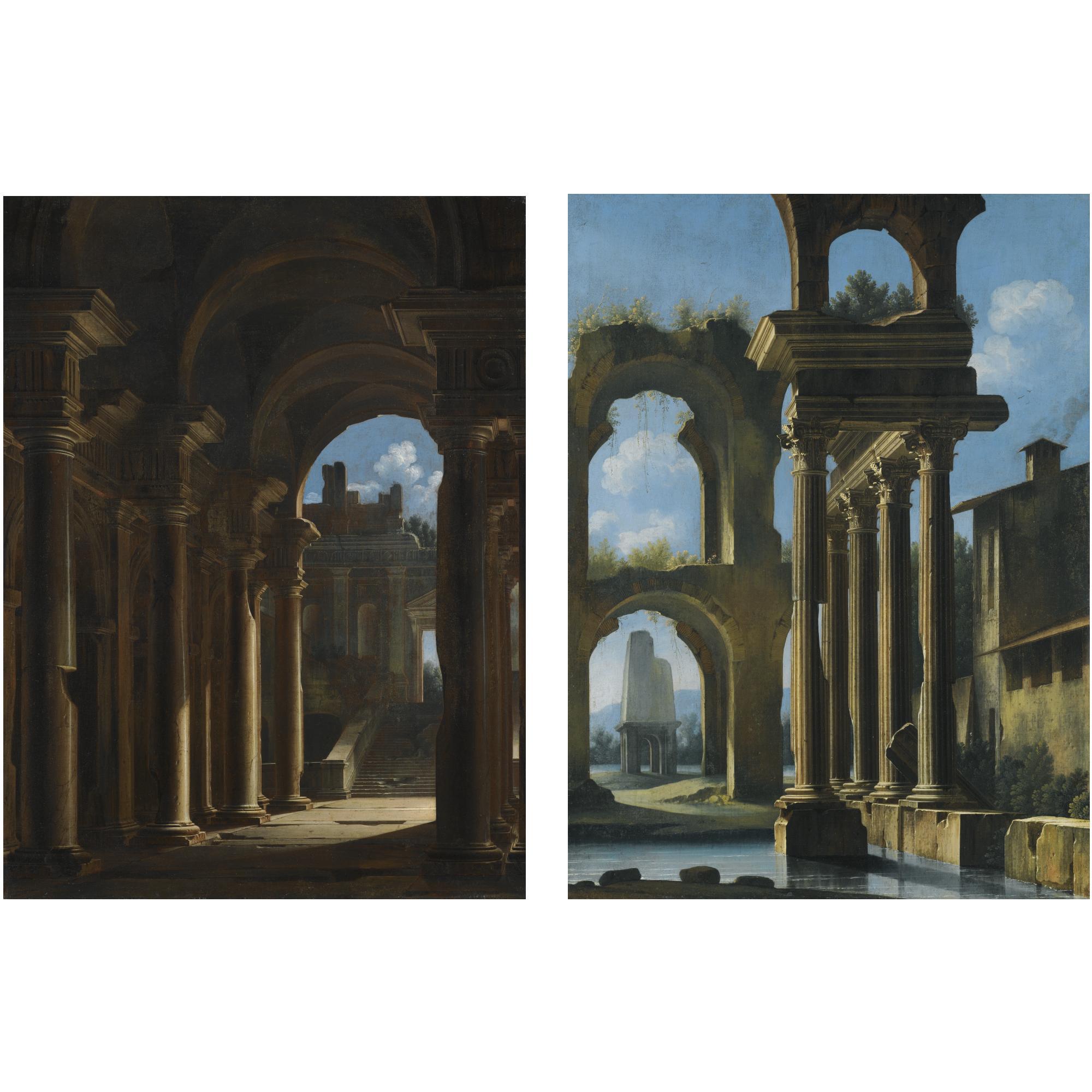 Niccolò Codazzi - A Capriccio Of The Inside Of A Temple With Ruins Beyond; A Lacustrine Landscape With Classical Ruins