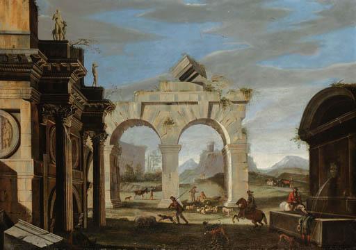 Niccolò Codazzi - A classical capriccio with a hunting party and shepherds with their flock