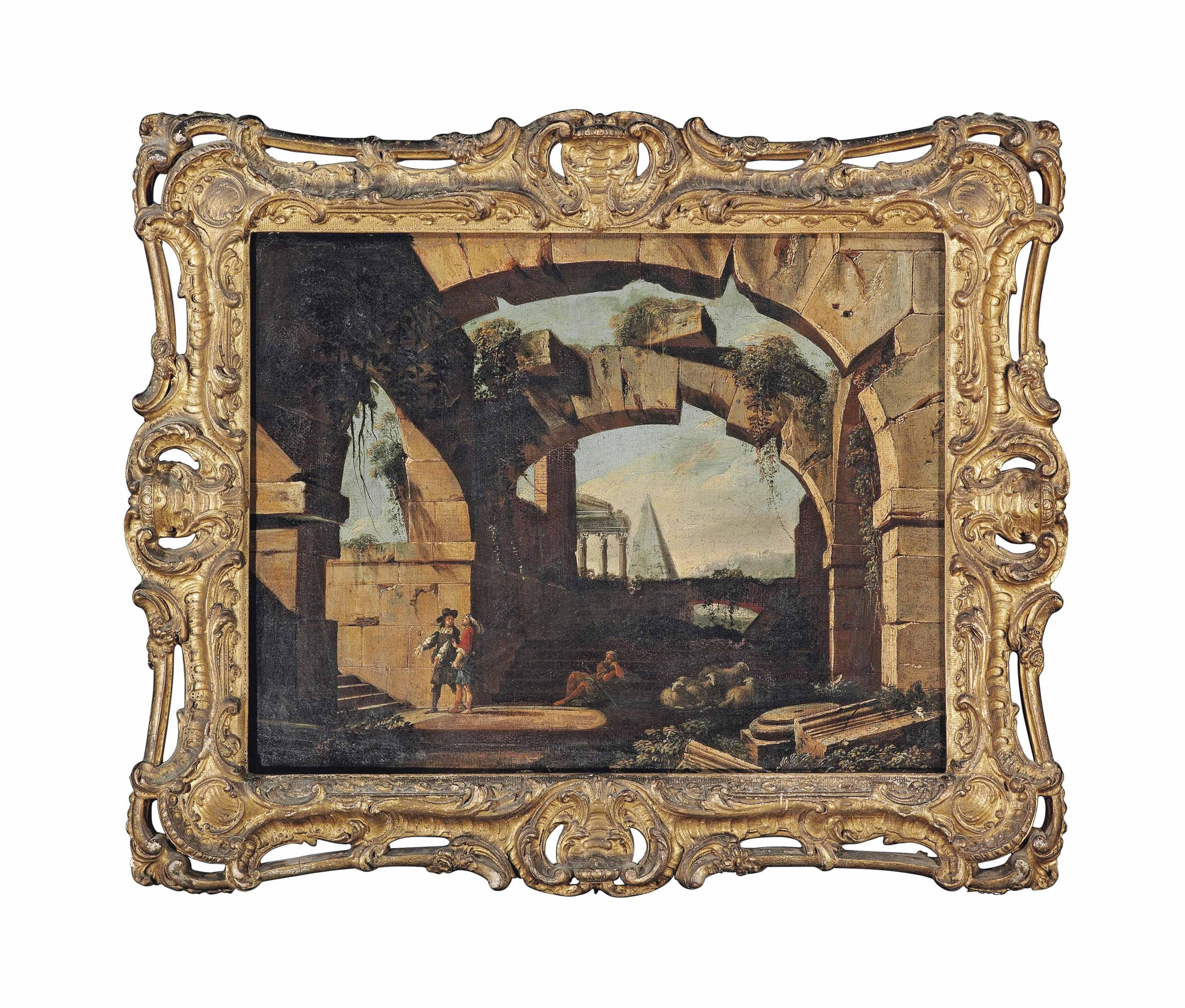 Niccolò Codazzi - An architectural capriccio with figures beneath a ruined arch