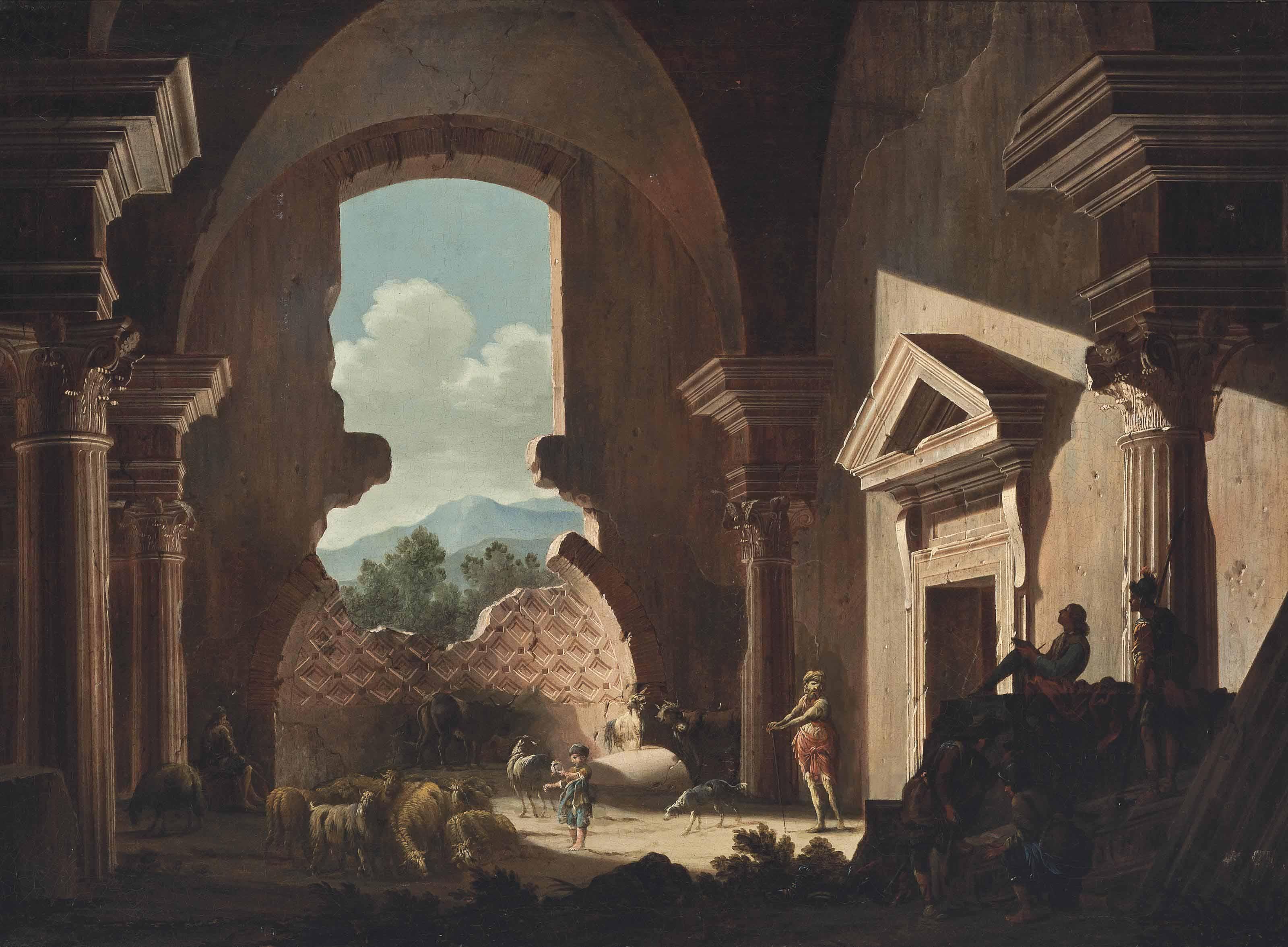 Niccolò Codazzi - Shepherds And Their Flock, Soldiers And A Draughtsman Inside Ancient Ruins
