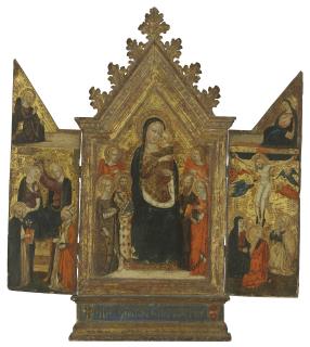 Niccolò Di Tommaso - A triptych: the central panel: The Madonna and Child enthroned with martyr saints and angels; the wings: The Coronation of the Virgin; The Crucifixion