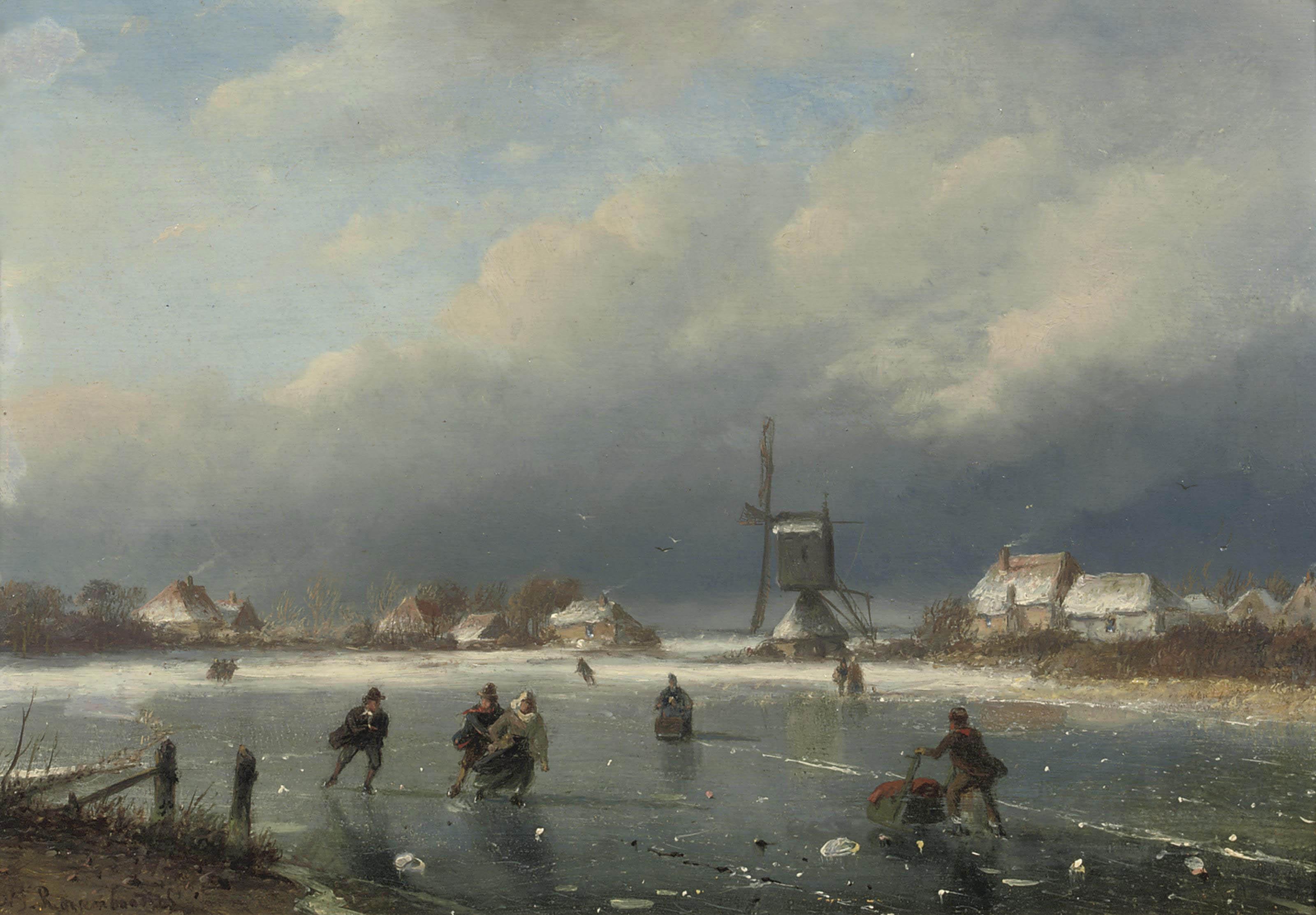 Nicholaas Johannes Roosenboom - A winter landscape with skaters and a mill beyond