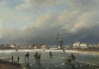 Nicholaas Johannes Roosenboom - A winter landscape with skaters and a mill beyond