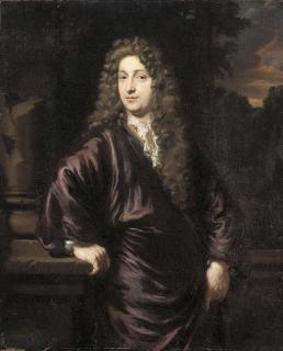 Nicholaes Maes - Portrait of a man, three-quarter-length, in a purple coat with a lace cravat, his right hand resting on a plinth, an evening landscape beyond