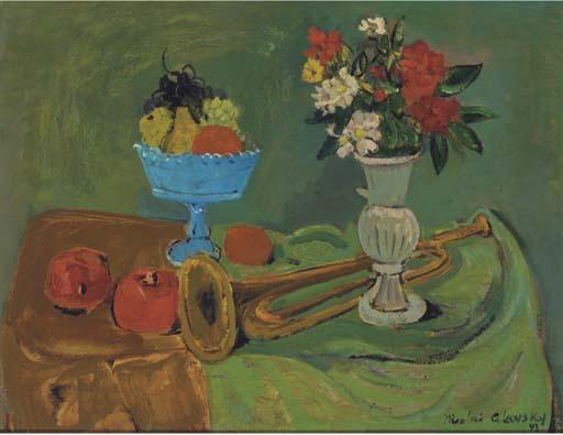 Nicholas Cikovsky - Flowers And Fruit With A Trumpet On A Tabletop