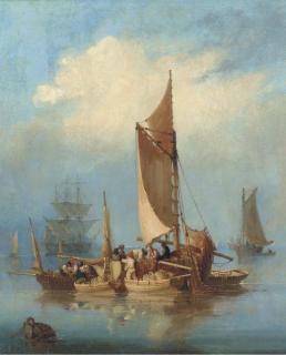 Nicholas Condy - Fishermen gossiping as they work, with a large three-decker beyond
