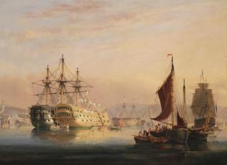 Nicholas Condy - Wash Day on the accommodation hulks at Devonport, with other shipping, including a 1st rate ship-of-the-line, nearby