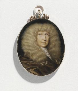 Nicholas Dixon - A gentleman, in brown satin draped gown, Venetian lace cravat, lightly powdered curling periwig