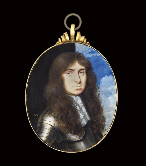 Nicholas Dixon - A gentleman, in gilt-studded armour, white lace cravat, long curling brown hair; pillar and sky background