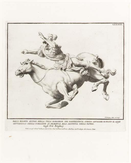 Nicholas Dorigny - Basso Rilievo antico nella Villa Borghese che Rappresenta curzio cavalier Romano il quale Gettandosi nella Uoragine si Sacrifica alla Saluezza della Patria, LXXXIII