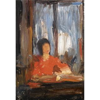 Nicholas Gysis - Seated Woman With A Red Dress Next To A Window